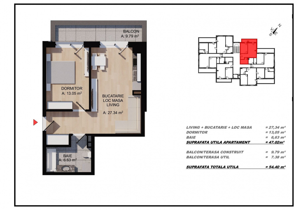 Apartament 2 camere, 47mp utili, balcon 9,8mp, zona Eroilor, Floresti