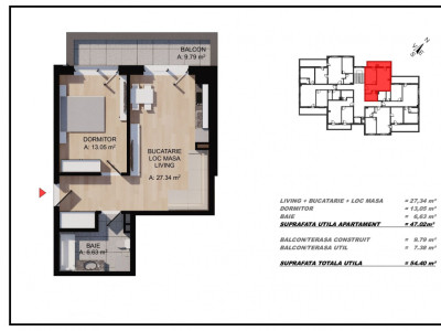 Apartament 2 camere, 47mp utili, balcon 9,8mp, zona Eroilor, Floresti
