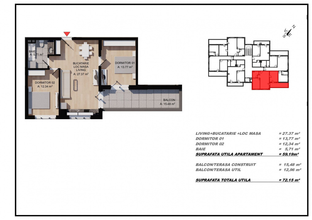 Apartament 3 camere, 59,19mp utili, terasa 12,96mp, zona Eroilor, Floresti