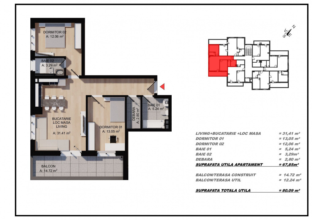 Apartament 3 camere, 67,85mp utili, terasa 12,24mp, zona Eroilor, Floresti