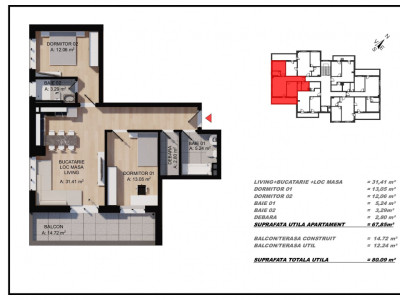 Apartament 3 camere, 67,85mp utili, terasa 12,24mp, zona Eroilor, Floresti
