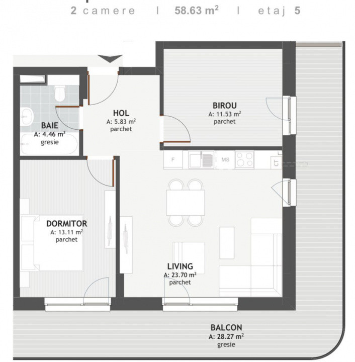 Apartament 3 camere 58,63mp+28 terasa ansamblu premium Floresti