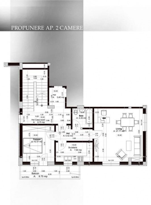 Apartament 2 camere decomandat, 57,36 mp + balcon 8,75 mp, Bragadiru