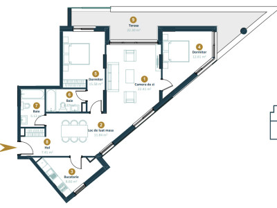 Apartament semifinisat, 3 camere, 2 băi, terasă 22,30mp, Între Lacuri 