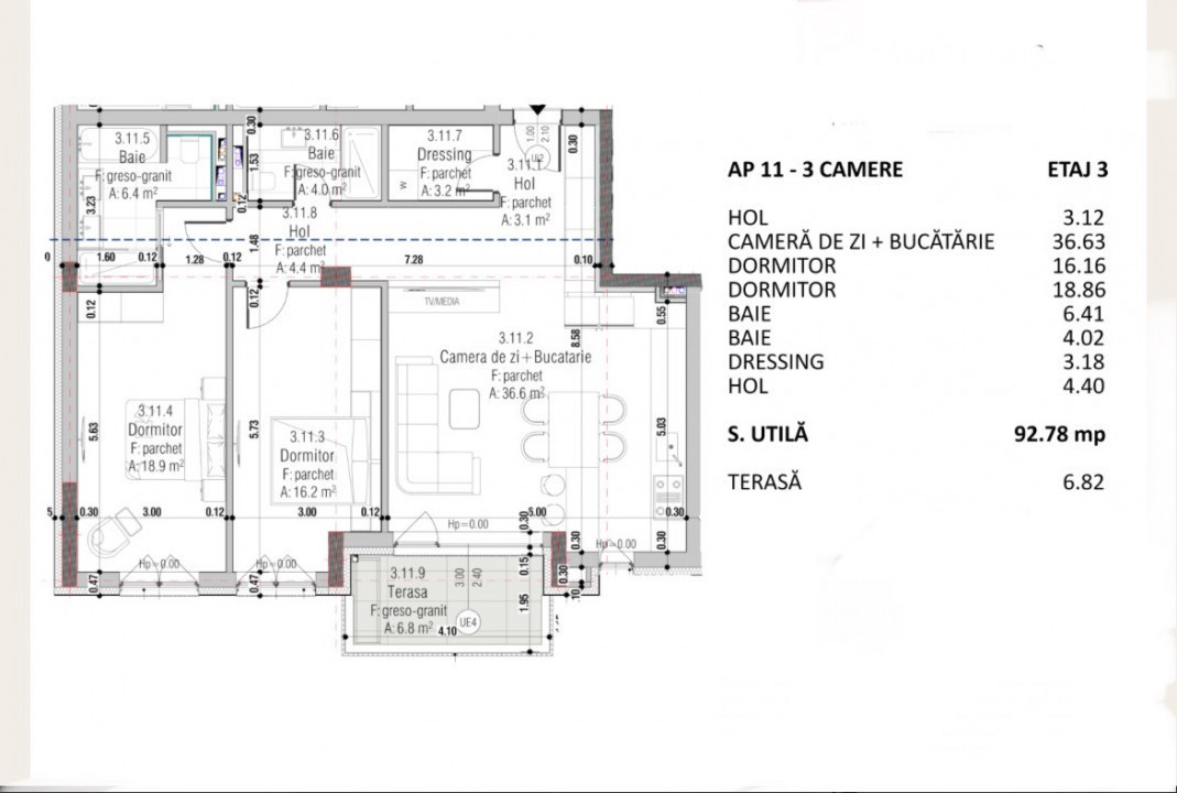 Apartament de vanzare, 3 camere, Andrei Muresanu, semifinisat, bloc premium