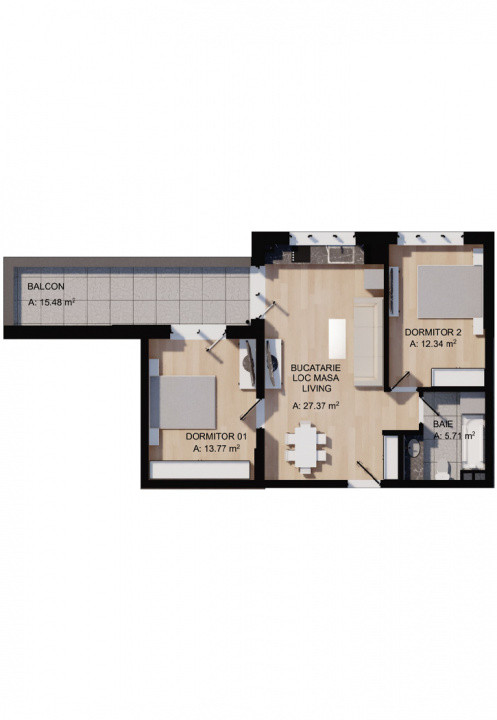 Apartament semifinisat/finisat, 59mp, balcon 15,5mp, zona centrala, Floresti