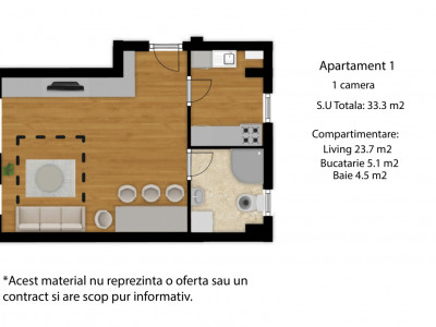 Apartament 1 camere, 33,3mp, semifinisat, zona Cetatii, Floresti 