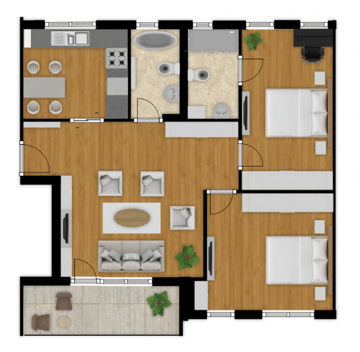 Apartament 3 camere, 2 bai, 64,1mp, balcon, semifinisat, zona Cetatii, Floresti 