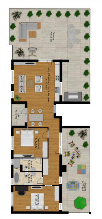 Apartament 3 camere, 2 bai, 74mp, terase 91,4mp, zona Cetatii, Floresti