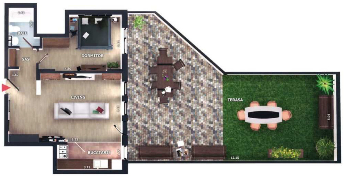 Apartament 2 camere, 50mp, terasa 74,4mp, zona Vivo, Floresti