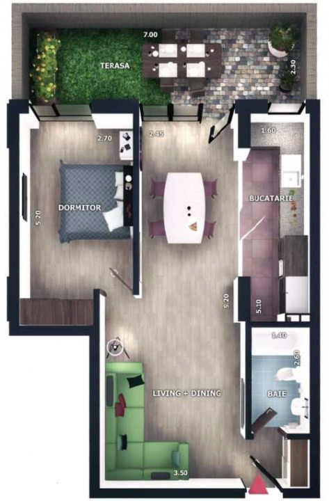 Apartament 2 camere, 54mp, terasa 16mp,  zona Vivo, Floresti