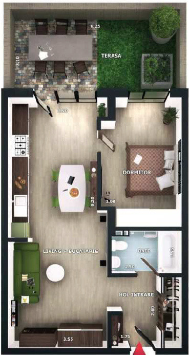 Apartament 2 camere, 55mp, terasa 19,4mp,  zona Vivo, Floresti