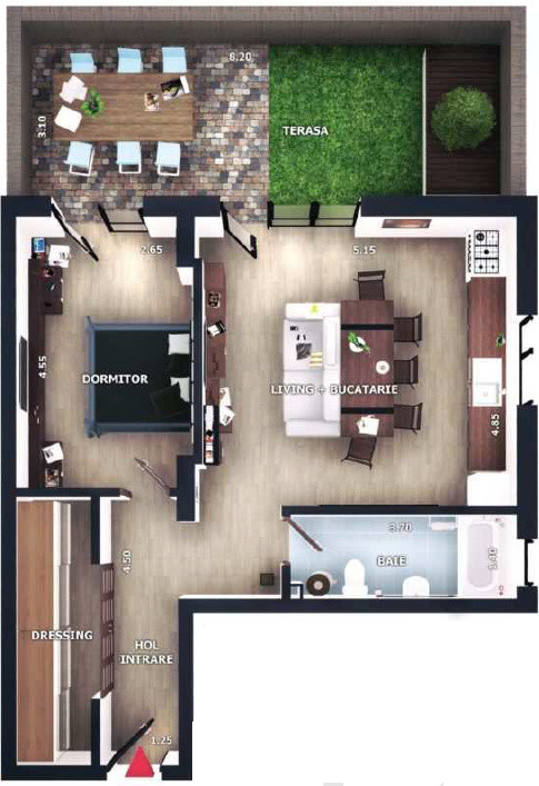 Apartament 2 camere, 57,3mp, terasa 25,4mp,  zona Vivo, Floresti