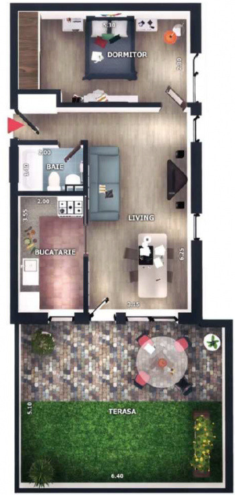 Apartament 2 camere, 46,4mp, terasa 32,5mp,  zona Vivo, Floresti