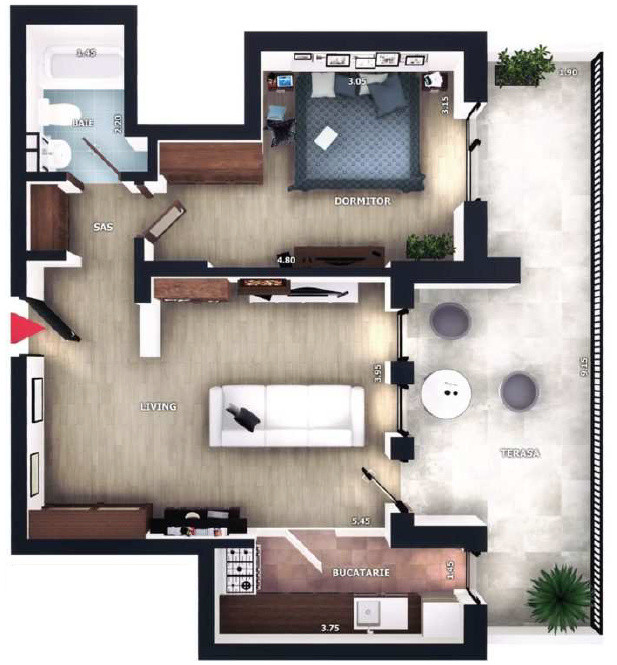 Apartament 2 camere, 45,5mp, terasa 18,4mp,  zona Vivo, Floresti