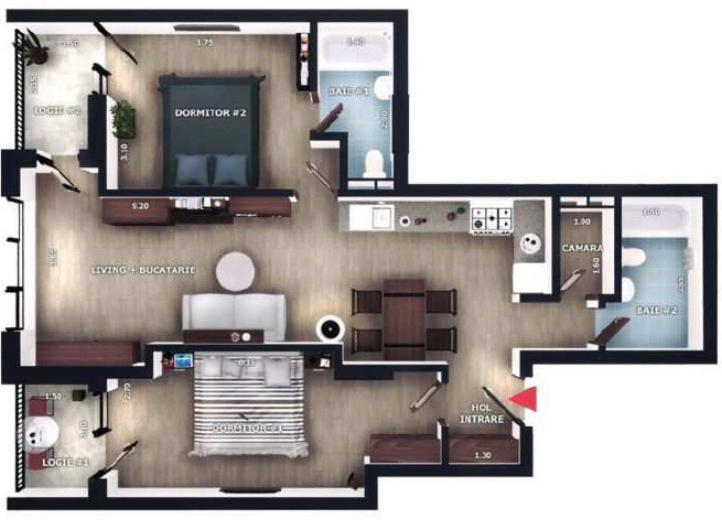 Apartament 3 camere, 2 bai, 69,1mp, logii 6,7mp,  zona Vivo, Floresti