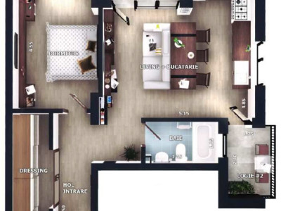 Apartament 2 camere, 52mp, logii de 9mp,  zona Vivo, Floresti